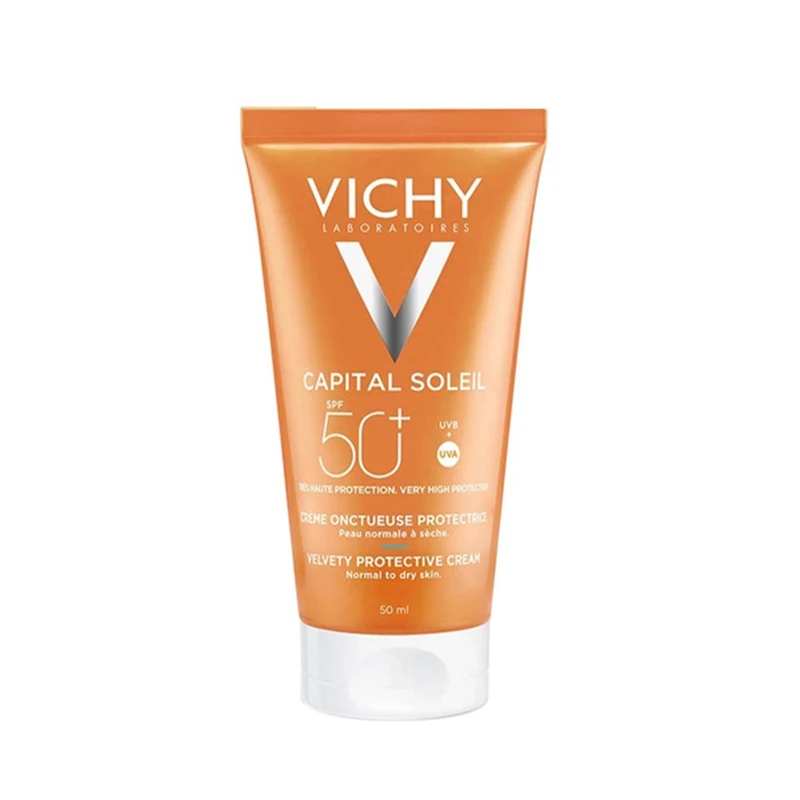 کرم ضدآفتاب بی رنگ ویشی spf 50 مدل velvety protective مناسب پوست های نرمال تا خشک